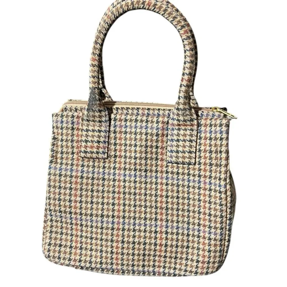 J Crew Handbag Tan Wool Blend Houndstooth Structured‎ Top Handle Purse Red